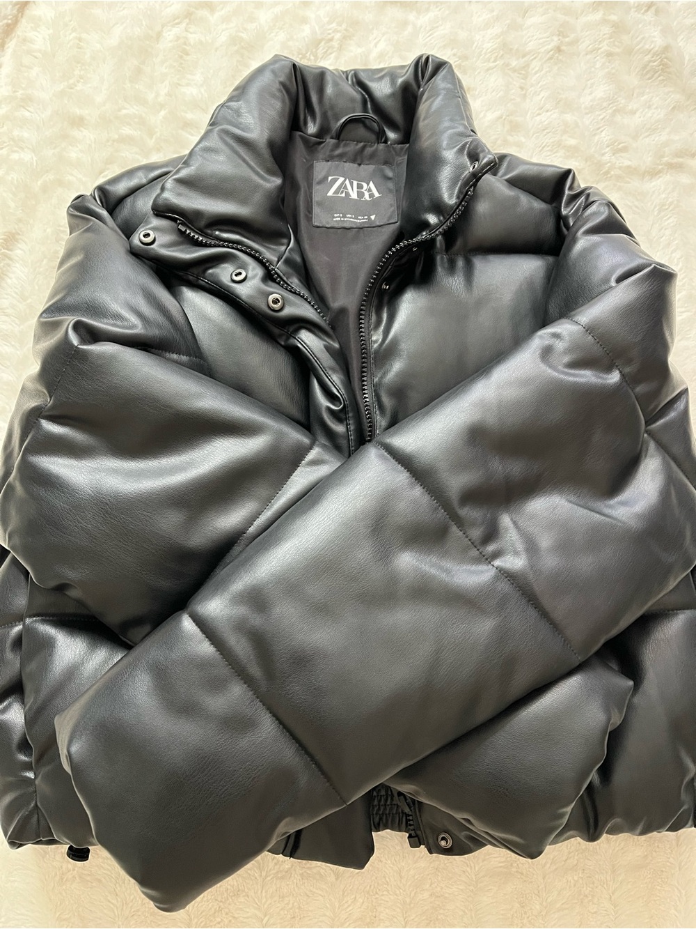 ZARA Black Faux Leather Puffer Jacket